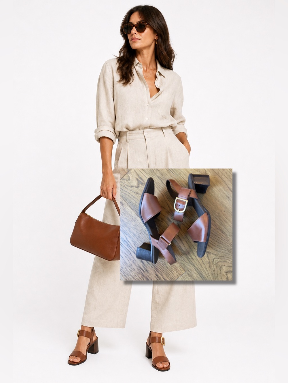 Munro Tan Leather Block Heel Sandals with Gold Buckle NWT